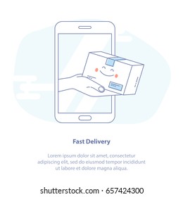 Flat line icon concept of Fast Express Online Delivery Service. Hands holding a package box out of mobile phone screen. Isolated Vector Illustration.