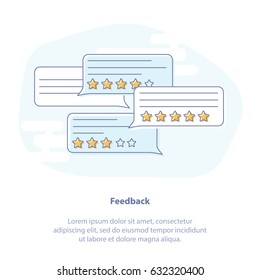 Flat line icon concept of Feedback, Comments, Ratings. Dialog bubbles with rating stars, good and bad rate and text. Symbol of chat, customer feedback, review.
