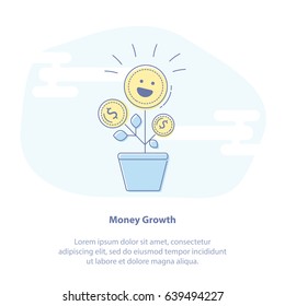 Flat Line Icon Concept of Filled Bold Coin Plant Growing out of the Pot. Graphic design concept of economy, money growth, investment. Light isolated vector object.