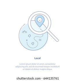 Flat line icon concept of Geolocation, GPS navigation pin, Target Point. Checkpoint marker on the planet. Isolated vector illustration. 