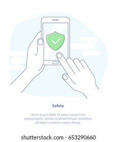 Flat line icon concept of Green Shield on Smartphone Screen. Symbol of Protection, Safety. Hand holds the smartphone and finger touches screen. Isolated Vector Illustration.