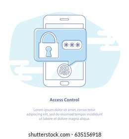 Flat line icon concept of hands with mobile phone unlocked with fingerprint button and password notification vector. Concept of security, personal access, authorization, login, protection technology