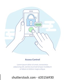 Flat line icon concept of hands with mobile phone unlocked with fingerprint button and password notification vector. Concept of security, personal access, authorization, login, protection technology