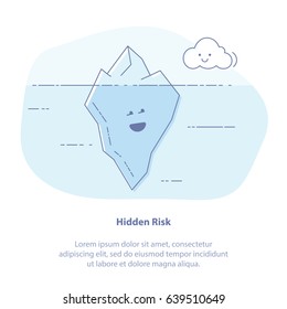 Flat line icon concept of Hidden Problems or Results, Climate changes. Iceberg in ocean water vector illustration, big iceberg floating in sea waves with huge underwater part.