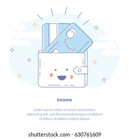 Flat Line Icon Concept Of Income, Profit, Earnings Or Payment. Fun Cute Wallet Character With Happy Credit Card Vector Illustration Symbol.  