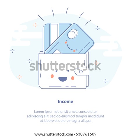 Flat line icon concept of Income, Profit, Earnings or Payment. Fun Cute Wallet character with happy credit card vector illustration symbol.  
