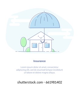 Flat Line Icon Concept Of Insurance, Home Insurance To Protection By Umbrella. Isolated Vector Illustration,