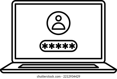 Flat line icon concept of laptop with password notification. Concept of security, personal access, user authorization, login or sign in form icon. Vector illustration.