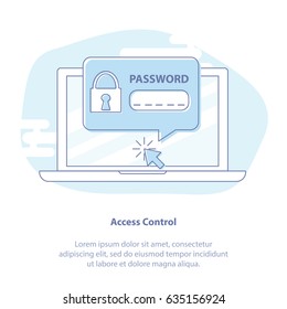 Flat line icon concept of laptop with password notification and lock. Vector illustration, concept of security, personal access, user authorization, login or sign in form icon, internet protection