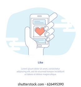 Flat line icon concept of Likes. Mobile phone in the hand. Dialog box in the mobile chat offering to evaluate the user message or news. Thin line vector illustration.