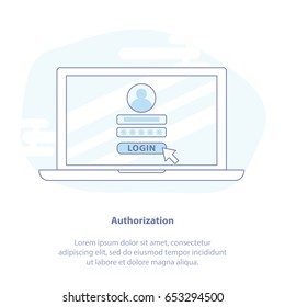 Flat Line Icon concept of Log in page on Laptop Screen. Laptop, Cursor, Login page. Modern Isolated Vector Illustration.