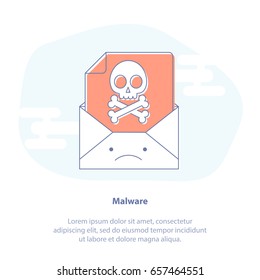 Flat Line Icon Concept Of Malicious Software, Error Or Virus In Email. Upset Mail Envelope With Virus File Inside. Cute Cartoon Isolated Vector Illustration.