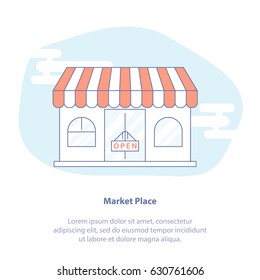 Flat line icon concept of Marketplace, Supermarket, Digital Marketing or store. Store Front vector illustration symbol.  