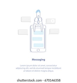 Flat line icon concept of Messaging, Social Media Marketing, Mobile Marketing. Happy Businessman sitting on the mobile phone and messaging, chatting bubble speeches on the background of illustration.