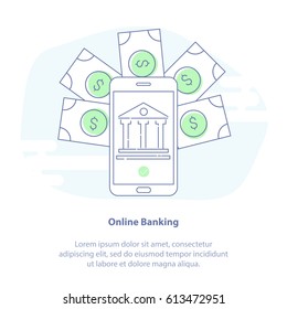 Flat line icon concept of Mobile Banking. Mobile Banking App Service. Money and Mobile Phone. Isolated financial vector illustration.