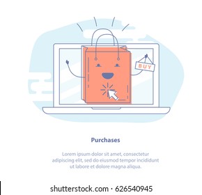 Flat line icon concept of Mobile Shopping, Commerce or Purchases. Happy Shop Package character. Isolated Vector illustration of cute shop bag on laptop display.