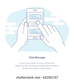 Flat line icon concept of Mobile phone chat. Message notifications vector isolated on light background, hand with smartphone and chatting bubble speeches concept of online talking, speak, conversation