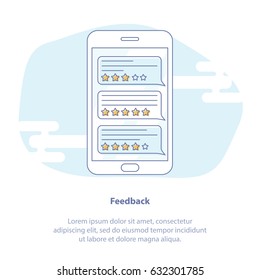 Flat-line-Icon-Konzept der SMS-Nachrichten für Mobiltelefone, Hand mit Smartphone und Chat-Blase-Reden Konzept der Online-sprechen, sprechen, Konversation, Feedback oder Kommentare.