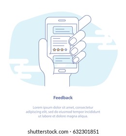 Flat line icon concept of Mobile phone chat message notifications, hand with smartphone and chatting bubble speeches concept of online talking, speak, conversation, feedback or comments.