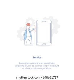 Flat line icon concept of Mobile Service, Support, Mobile phone Repair. Repairman fixing a phone. Cute cartoon concept. Isolated Vector Illustration in outline line style.