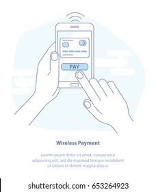 Flat line icon concept of Mobile Payment. Payment page and credit card on smartphone screen. Modern Flat isolated design illustration.