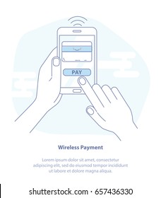 Flat line icon concept of Mobile Payment, in App Purchase, Marketing. Payment page and credit card on mobile phone screen. Modern flat isolated vector design illustration.