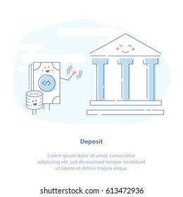 Flat line icon concept of Money Deposit. Money goes to the bank. Isolated financial vector illustration.
