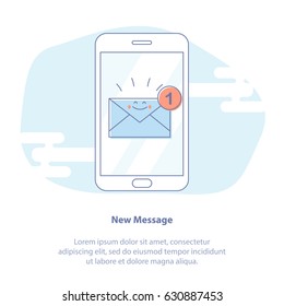 Flat line icon concept of New Message or email, connection. Vector illustration of mobile phone, happy envelope with notification.