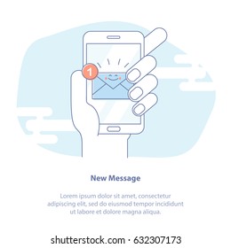 Conceito de ícone de linha plana de Nova notificação de e-mail na ilustração vetorial do telefone celular. Tela de smartphone com nova mensagem de e-mail não lida e ler ícones de envelope de e-mail, conceito de caixa de entrada