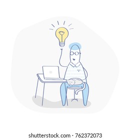 Flat line icon concept of New Idea Generation, Creativity and Problem Solving. Cute man sitting behind the laptop. A lightbulb is shining overhead. Isolated vector illustration in line style.