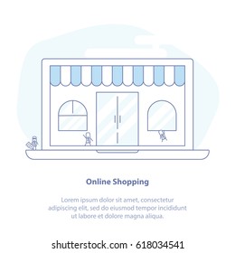 Flat Line Icon Concept of Online Shopping. Laptop with Internet Shop Storefront. 