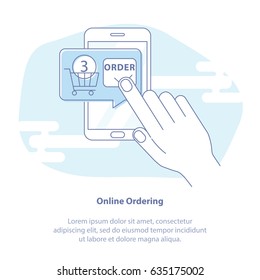 Flat line icon concept of Online Shopping via Smartphone. Mobile phone, hand, buying process. Isolated vector illustration.