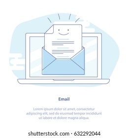 Conceito de ícone de linha plana de Carta Aberta. Simples bonito carta postal sorridente no fundo azul claro. Abrindo um e-mail. Boas notícias