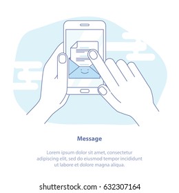 Flat line icon concept of Open email envelope on mobile phone. Vector isolated illustration. Smartphone screen with open e-mail message and read mail envelope icons, inbox concept