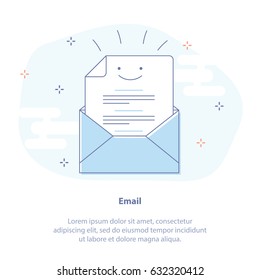 Flat line icon concept of Open Envelope with Happy Letter. Good news vector isolated illustration.