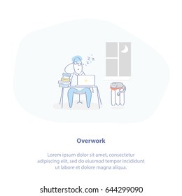 Flat line icon concept of Overwork, Deadlines, Excessive Work and Business stress. Cute Overworked and tired looking cartoon character with piled document binders sleeping on desk. 