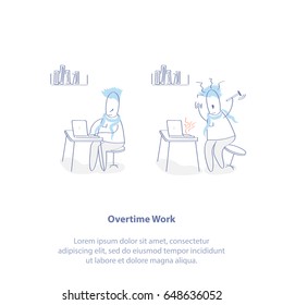 Flat line icon concept of Overwork, Overwhelmed, Work Stress or Deadline. Busy time of businessman in hard working. A lot of work. Stress at work. Isolated Vector Illustration concept in linear style.