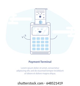 Flat line icon concept of Payment Terminal, POS terminal, NFC payments. Cute POS terminal confirms the payment. Isolated Vector illustration, outline style.