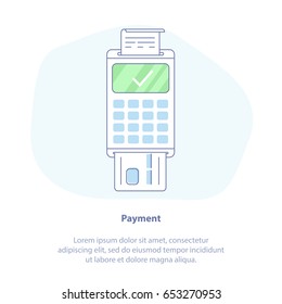 Flat line icon concept of Payment by credit card using POS terminal, Approved Payment. Isolated vector illustration.