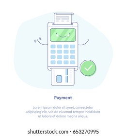 Flat line icon concept of Payment by credit card using POS terminal, Approved Payment. Cute Isolated vector illustration.