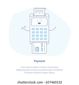 Flat line icon concept of Payment by credit card using POS terminal, Approved Payment. Cute Isolated cartoon vector illustration.