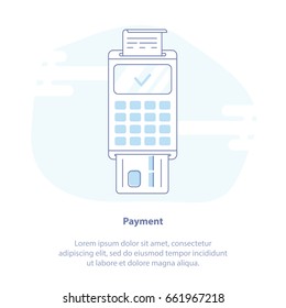 Icono de línea plana concepto de pago por tarjeta de crédito usando terminal POS. Pago aprobado con tarjeta. Dibujo vectorial de dibujos animados aislados.