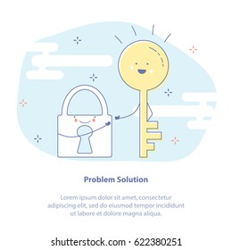 Flat line icon concept of Problem Solution. The lock found the key. Fun vector isolated illustration