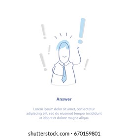 Flat line icon concept of Problem Solution, Key to success, New Idea. Happy businessman standing under exclamation point marks, he found a solution to problem. Isolated vector illustration. 