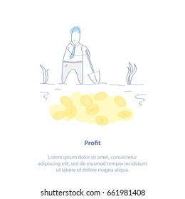 Flat line icon concept of Profit, Income or Earnings. Business Success. A man with a shovel. Money lies underground. Isolated vector illustration.