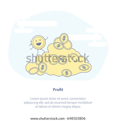 Flat line icon concept of Profit, Money Deposit, Money Growth. Happy cute Coin rises to the money mountain. E-Commerce template. Isolated vector illustration.