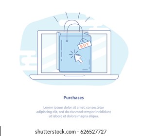 Flat line icon concept of Purchases, E-commerce or CPA marketing. Isolated vector illustration of Laptop, Shopping bag, Cursor.