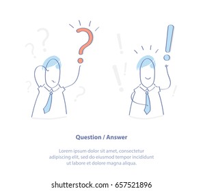 Flat line icon concept of Questions and Answers, Problems and Solutions. Cute man with Question and Exclamation marks. Isolated vector illustration in clean trendy design style.