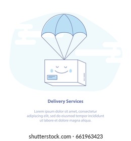 Flat Line Icon Concept of Quick Express Delivery Service. Package flying down from sky with parachute. Isolated vector concept.