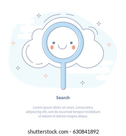 Flat line icon concept of Searching, Research or Analysis of information. Vector illustration of cute happy loupe, magnifying glass and cloud. 